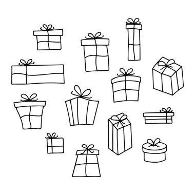 Beyaz arka planda el çizimi hediye kutuları. Noel hediyeleri. Doğum günü hediye kutuları. 