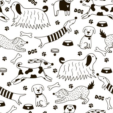 Komik karalama köpekleri kusursuz desen. Köpekler, pençeler, kemik, köpek tasması, beyaz arka planda köpek kasesi olan İskandinav çizimleri. Duvar kâğıdı, ambalaj ve tekstil için mükemmel..
