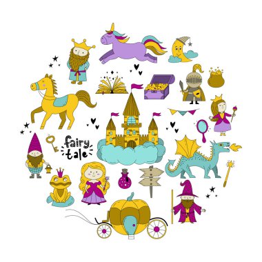 Peri masalı koleksiyonu. Tek boynuzlu at, kral, kraliçe, baskı, sihirli kitap, ejderha, kale, at arabası, şövalye vs..