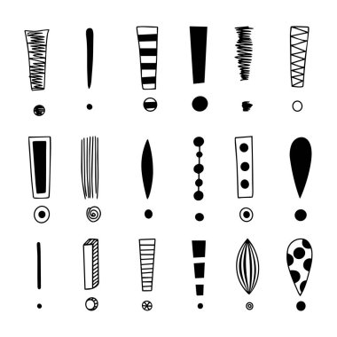 Ünlem işaretlerinin karalama çizimleri. El çizimi vektör elemanları.