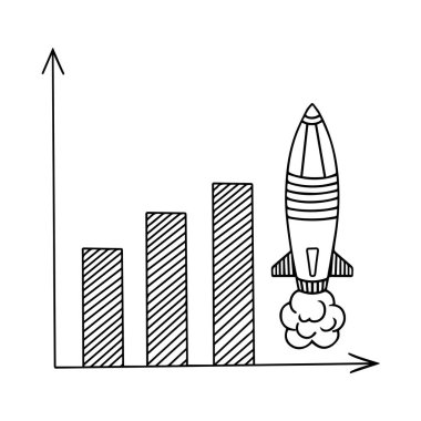 Uçan roket ile iş kurma kavramı. Grafik, grafik büyümesi, diyagram. Vektör illüstrasyonu.