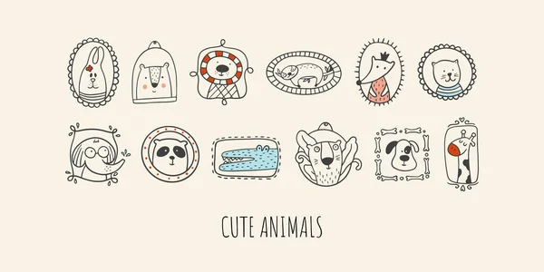Tavşan, ayı, tembel hayvan, zürafa, tilki, timsah, panda, kaplan, kedi, köpek, fil resimli el çizimi. Hayvanlı şirin koleksiyon..
