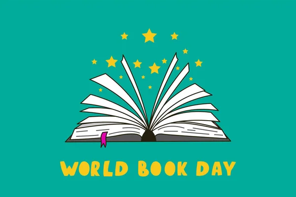 Знамя Всемирного Дня Книги Открытой Книгой Ручная Рисованная Книга Желтыми — стоковый вектор