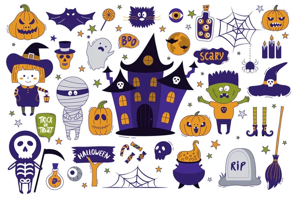 Colección Objetos Halloween Ilustración Vectorial Dibujada Mano Con Calabazas Lápida — Vector de stock
