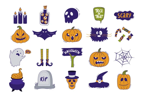 Set Iconos Halloween Ilustración Vectorial Dibujada Mano Con Calabazas Lápida — Vector de stock