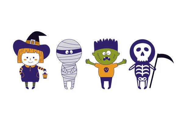 Traje Monstruo Halloween Ilustración Dibujada Mano Vectorial Con Momia Esqueleto — Vector de stock