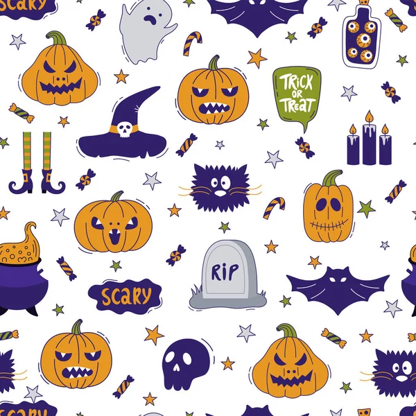 Patrón Sin Costuras Halloween Ilustración Vectorial Dibujada Mano Con Calabazas — Vector de stock