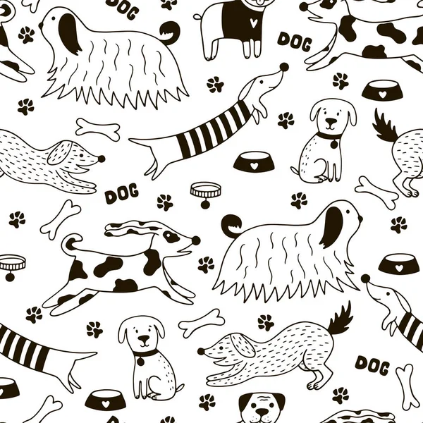有趣的涂鸦狗无缝图案 斯堪的纳维亚图上有狗 狗项圈 白色背景的狗碗 最适合墙纸 包装材料 纺织品 — 图库矢量图片