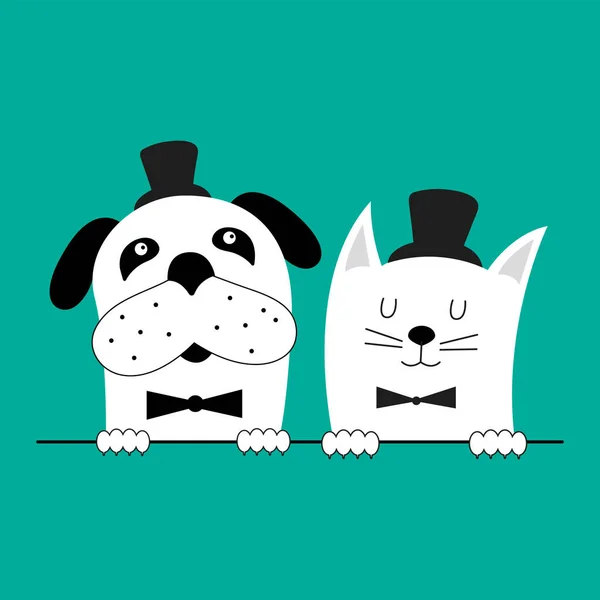 猫と犬が一緒に ペットショップ 獣医クリニック ペットホテル ペットグルーミングのための国内ペットとベクトルイラスト ハッピーフレンドリーな日グリーティングカード — ストックベクタ