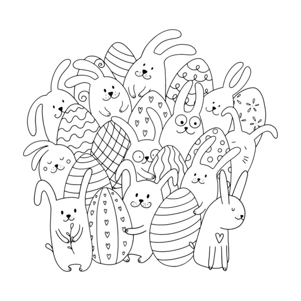 Tavşan ve yumurtalarla boyama sayfası. Tavşan ve yumurtalı Paskalya arkaplanı. 