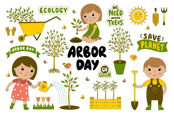 Arbor Day子供 フレーズ ガーデンツールのベクトルコレクション 子供たちは木を — ストックベクタ