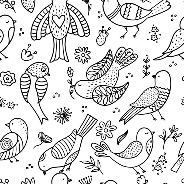 Seamless Pattern Hand Drawn Birds Doodle Texture Spring Birds — Stock Vector