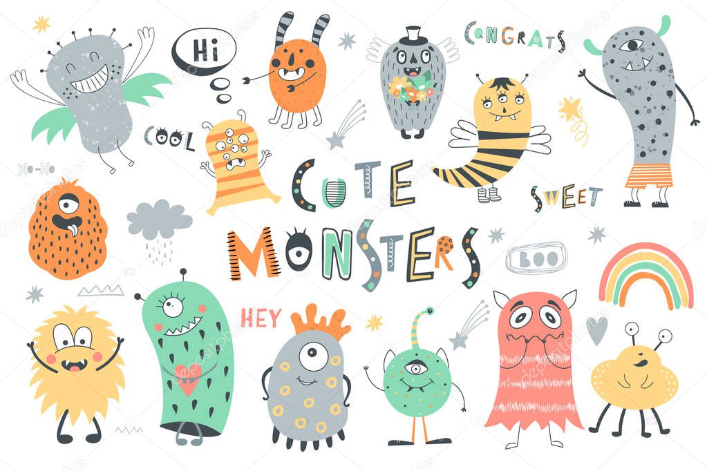 Set of cute monsters, phrases, objects. Vector cartoon characters. 