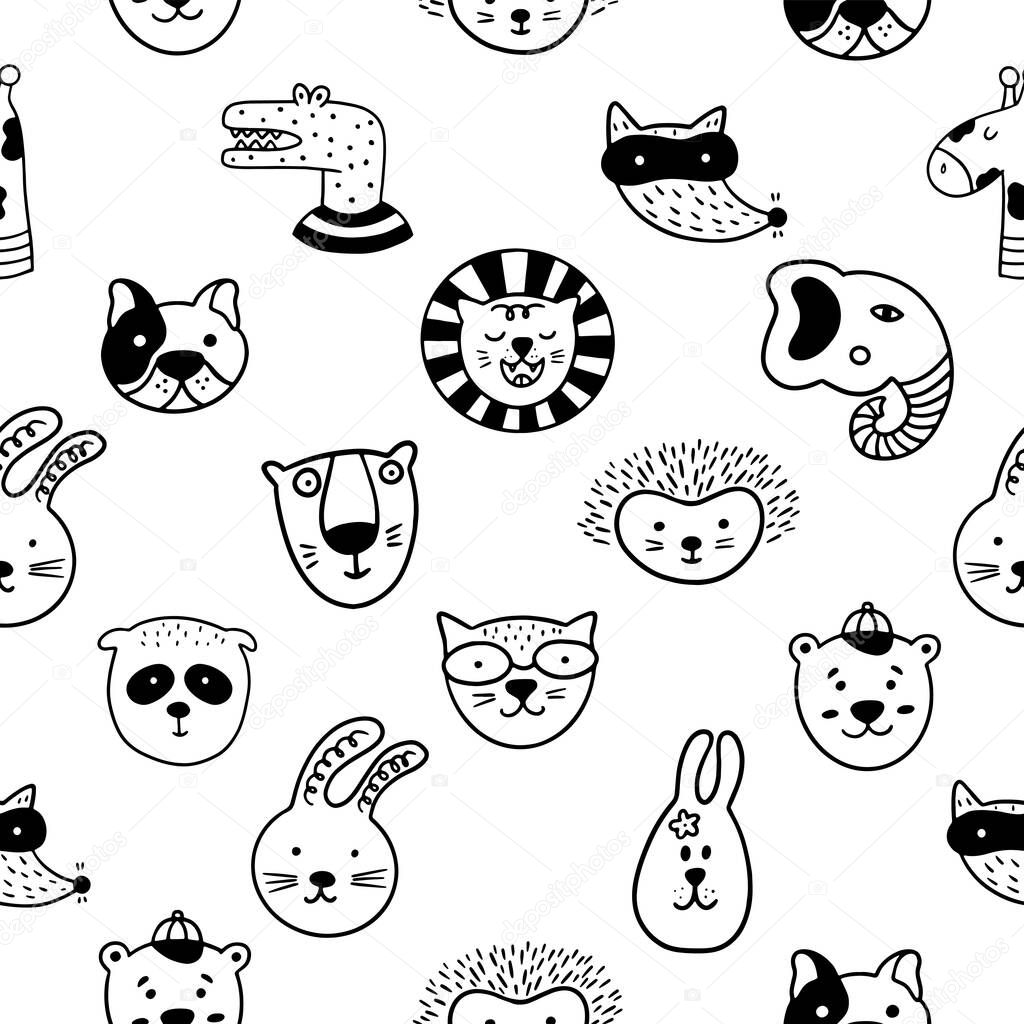 Scandinavian childish seamless pattern with cute animal faces on a white background. Can be used for wallpaper, wrapping, textile, fabric. 