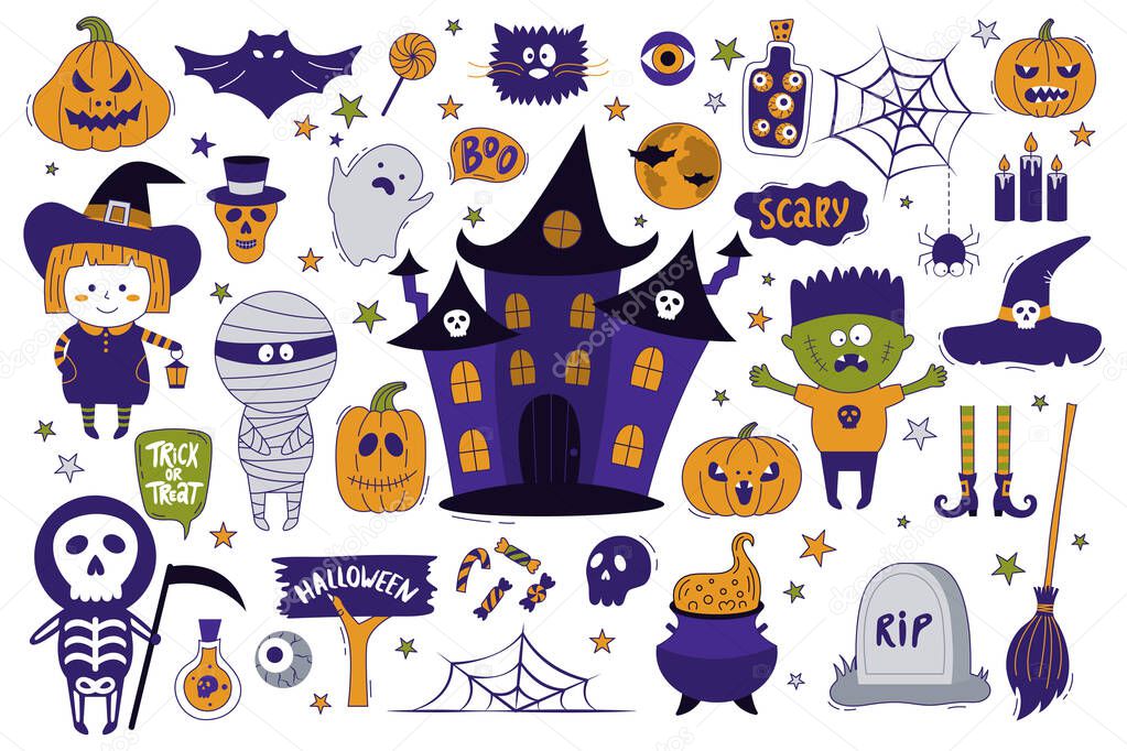 Halloween objects collection. Hand-drawn vector illustration with pumpkins, tombstone, skull, mummy, witch, ghost house, dracula and etc.  It can be used for halloween party, posters, greeting cards, fashion design.