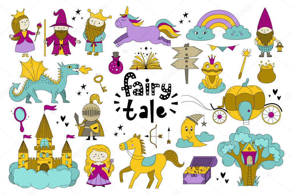 Set of fairy tale objects collection. Hand drawn doodle illustration with unicorn, king, queen, fairy, magic book, dragon, castle, carriage, knight etc.