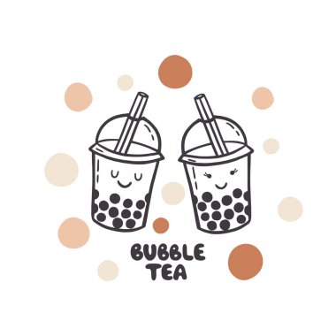 Plastik kapta köpüklü çay. Hoş bir çift köpüklü buzlu çay ile elle çizilmiş vektör çizimi.