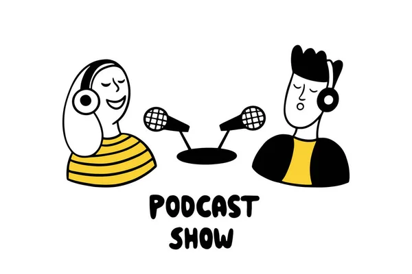 Espectáculo Podcast Homem Mulher Fazendo Podcast Estúdio Rádio Dois Blogueiros —  Vetores de Stock