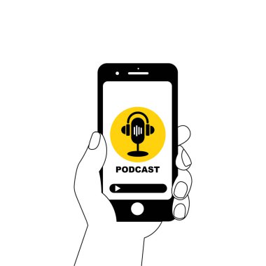 Podcast konsepti. Bir el ekranda podcast ikonu olan bir telefonu tutuyor. Vektör illüstrasyonu. 