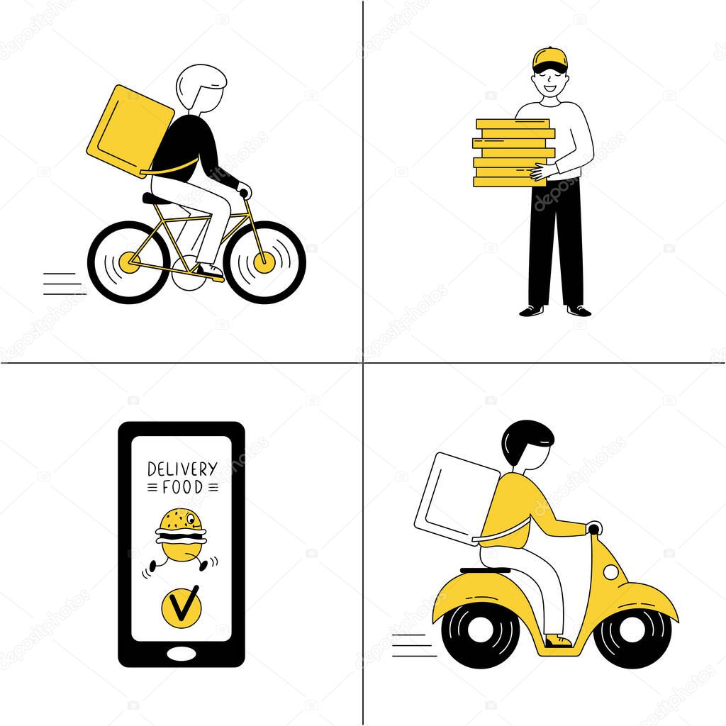 Online food ordering. Fast food delivery by courier. A male cyclist/motorcyclist carries the ordered food. Vector hand-drawn illustration.