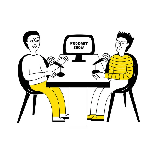 Espectáculo Podcast Dois Garotos Sentados Estúdio Rádio Uma Mesa Fazendo —  Vetores de Stock