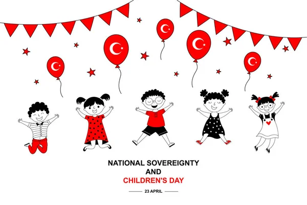 Ulusal Egemenlik Çocuk Günü Hindi Mutlu Çocuklar Balonların Bayrakların Arasında — Stok Vektör