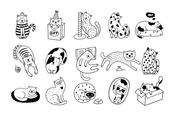 Kolekce Roztomilých Koček Skládá Ručně Kreslených Koťat Izolovaných Bílém Pozadí — Stockový vektor