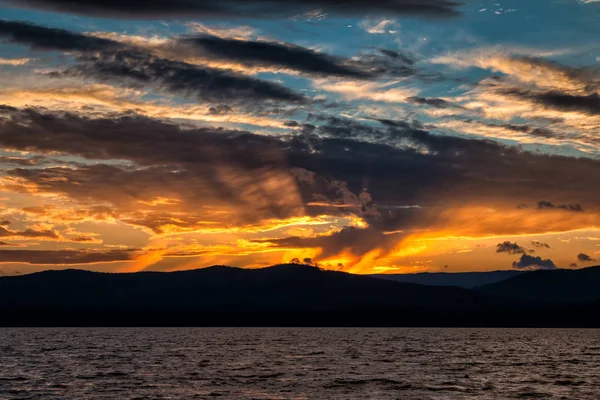 Coucher Soleil Panoramique Sur Lac — Photo