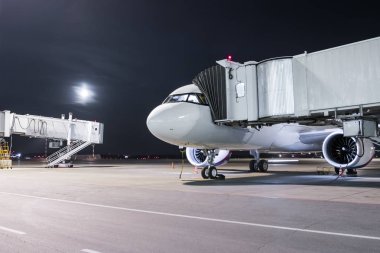 Hava köprüsünde duran beyaz yolcu jeti bir havaalanı önlüğünün dış güç kaynağına bağlıdır.