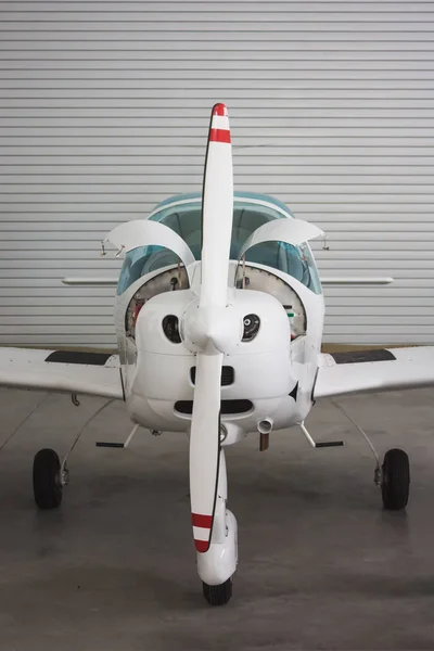 Close Front View Small White Sports Plane Hangar Aircraft Has — Stock Photo, Image