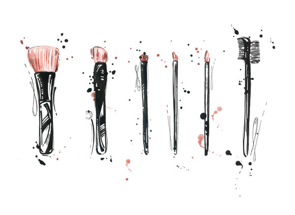 Акварельная иллюстрация косметических кистей на белом фоне
.
