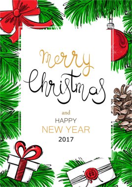 Soyut vektör arka plan ile çam dalları, Noel top, fi