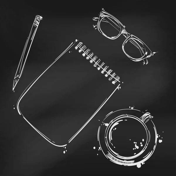 Ilustração vetorial abstrata com um caderno, lápis, óculos e uma xícara de café . — Vetor de Stock