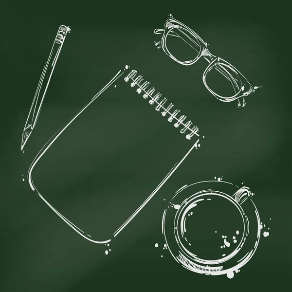 Illustration vectorielle abstraite avec un carnet, un crayon, des lunettes et une tasse de café . — Image vectorielle