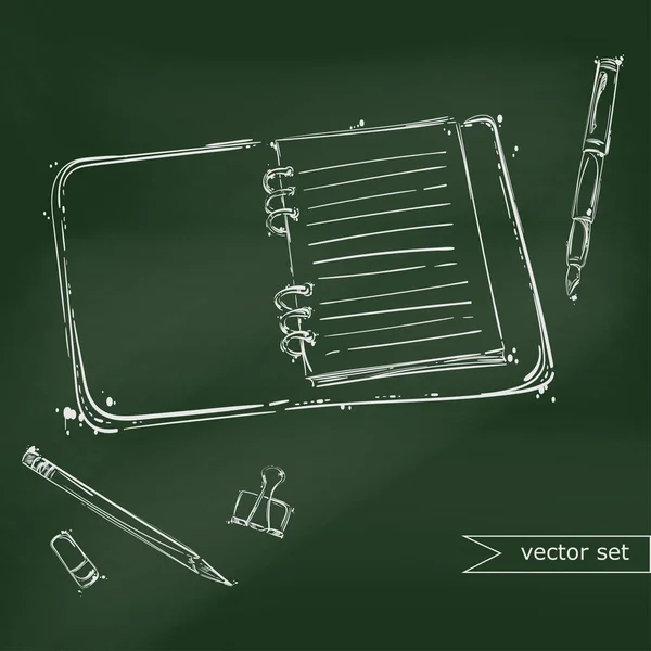 Αφηρημένη εικονογράφηση φορέα με ένα σημειωματάριο, στυλό, μολύβι, σβήστε — Διανυσματικό Αρχείο