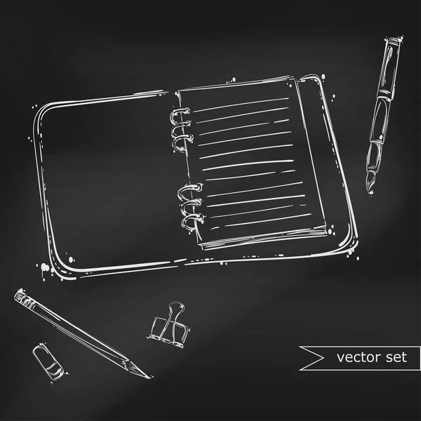 Ilustração vetorial abstrata com um caderno, caneta, lápis, apagar — Vetor de Stock