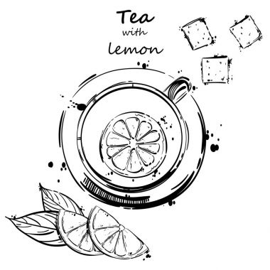 Bir bardak çay, bir dilim limon ile soyut illüstrasyon vektör