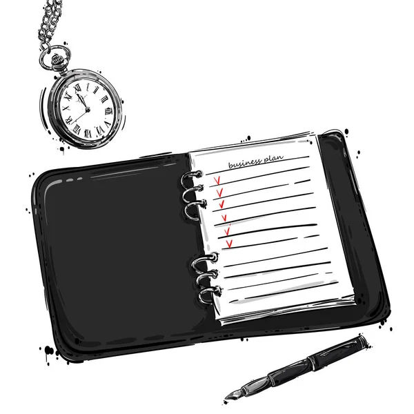Αφηρημένη εικονογράφηση φορέα με σημειωματάριο, στυλό και γύρο τσέπη — Διανυσματικό Αρχείο