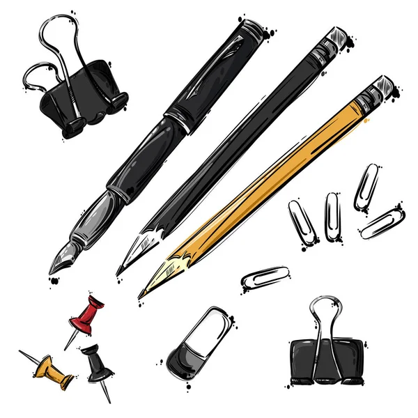 Vector set of working tools: pen, pencil, eraser, paper clip but — Stock Vector