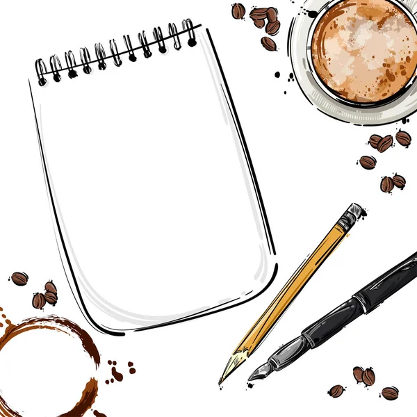 Αφηρημένη εικονογράφηση φορέα με στυλό, μολύβι, τετράδιο, καφέ — Διανυσματικό Αρχείο