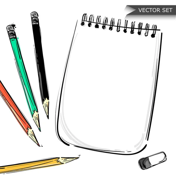 Векторная абстрактная иллюстрация с ноутбуком и цветными карандашами . — стоковый вектор
