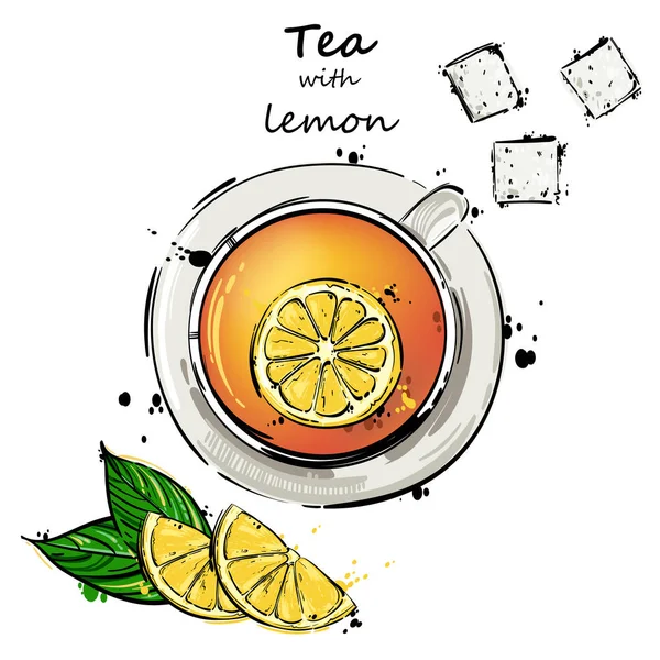 Bir bardak çay, bir dilim limon ile soyut illüstrasyon vektör