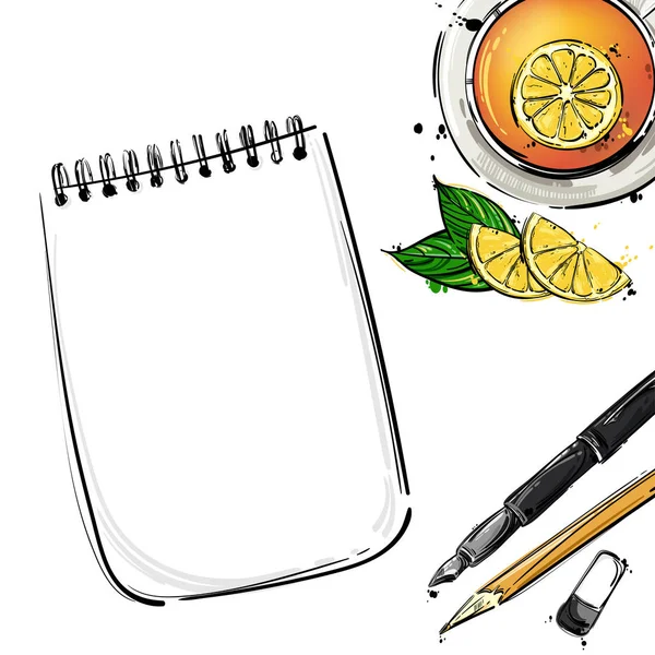 Διάνυσμα αφηρημένη εικόνα με ένα σημειωματάριο, στυλό, μολύβι και ένα — Διανυσματικό Αρχείο