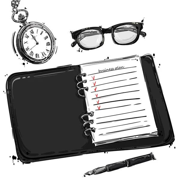 Αφηρημένη εικονογράφηση φορέα με το σημειωματάριο, γυαλιά όρασης, p — Διανυσματικό Αρχείο