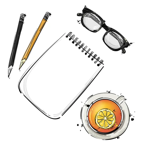 Vector abstract illustration with a notebook, glasses for sight, — Stock Vector