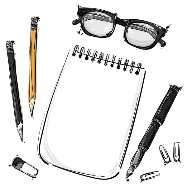 Vector abstract illustration with a notebook, glasses for sight, — Stock Vector