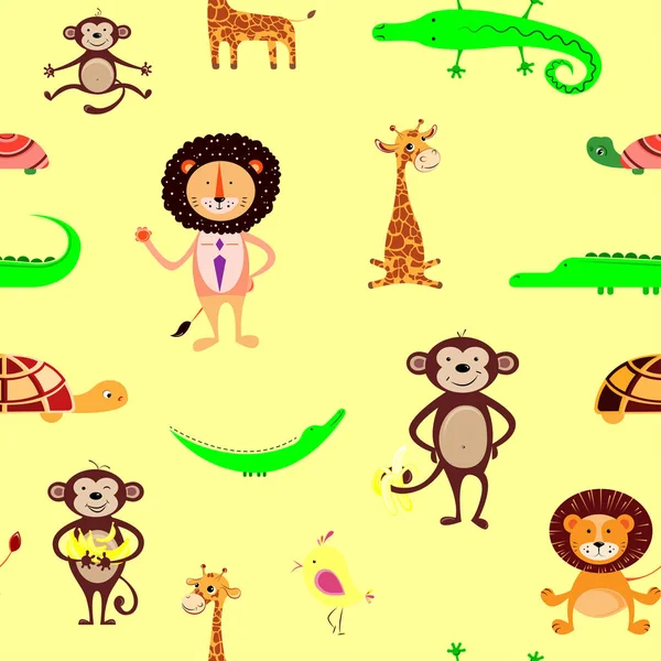 Vector seamless pattern with giraffe, crocodile, monkey, lion, t — Stock Vector