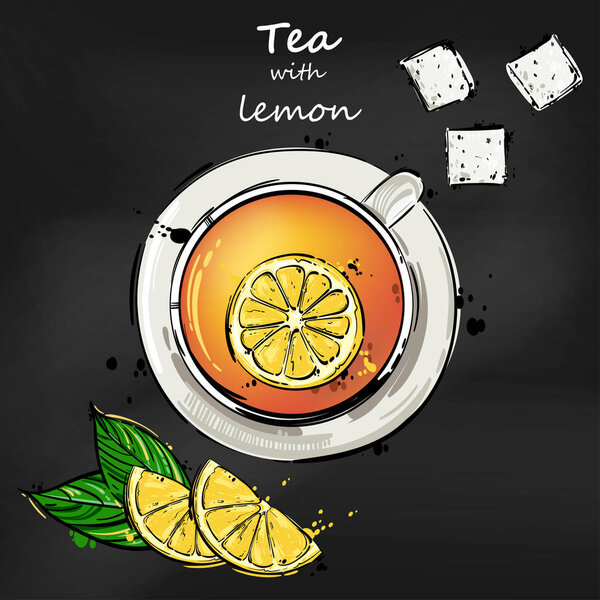 Векторная абстрактная иллюстрация с чашкой чая, ломтиком лимона
