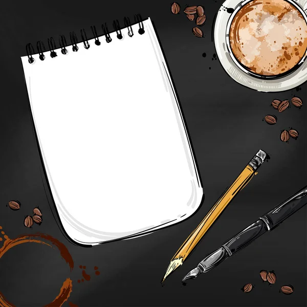 Vektor abstrakte Illustration mit Notizbuch, Stift, Bleistift, Kaffee — Stockvektor