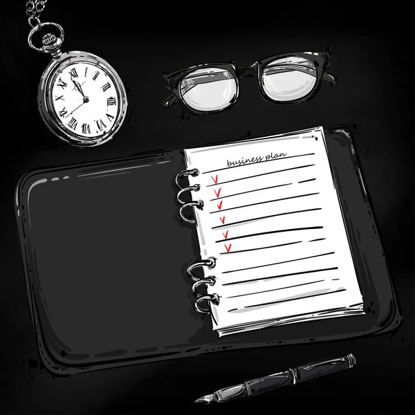 Αφηρημένη εικονογράφηση φορέα με το σημειωματάριο, γυαλιά όρασης, p — Διανυσματικό Αρχείο